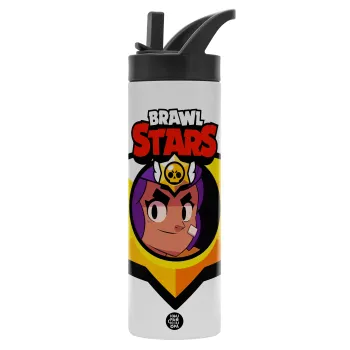 Brawl Stars Shelly, Μεταλλικό παγούρι θερμός με καλαμάκι & χειρολαβή, ανοξείδωτο ατσάλι (Stainless steel 304), διπλού τοιχώματος, 600ml