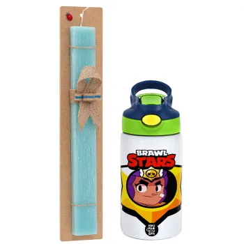 Brawl Stars Shelly, Easter Set, Children's thermal stainless steel bottle with safety straw, green/blue (350ml) & aromatic flat Easter candle (30cm) (TURQUOISE)