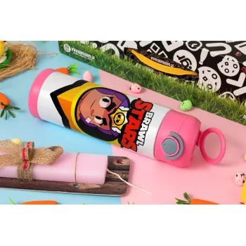 Brawl Stars Shelly, Πασχαλινή Λαμπάδα με Παιδικό παγούρι θερμό, ανοξείδωτο, με καλαμάκι ασφαλείας, ΡΟΖ (500ml)