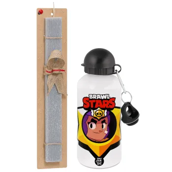 Brawl Stars Shelly, Πασχαλινή Λαμπάδα με παγούρι μεταλλικό  αλουμινίου (500ml) & κερί αρωματικό πλακέ (30cm) (ΓΚΡΙ)