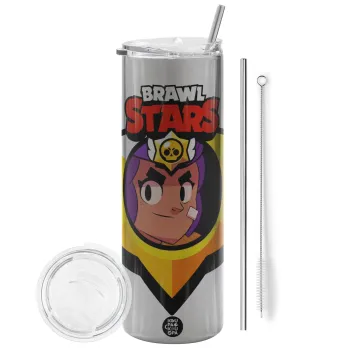Brawl Stars Shelly, Tumbler ποτήρι θερμό Ασημένιο από ανοξείδωτο ατσάλι 600ml, με μεταλλικό καλαμάκι & βούρτσα καθαρισμού