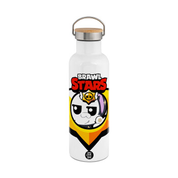 Brawl Stars Kit, Μεταλλικό παγούρι θερμός (Stainless steel) Λευκό με ξύλινο καπάκι (bamboo), διπλού τοιχώματος, 750ml