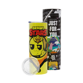 Brawl Stars Kit, Neon Yellow Travel Tumbler θερμό, μεταλλικό καλαμάκι(Ανωξείδωτο 304 Food grade, BPA free, 600ml)