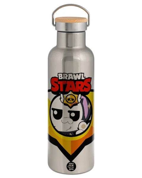Brawl Stars Kit — Stainless steel Silver with wooden lid (bamboo), double wall, 750ml