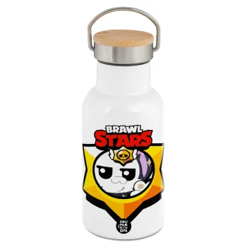 Brawl Stars Kit, Metallic thermos (Stainless steel) White with wooden lid (bamboo), double-walled, 350ml