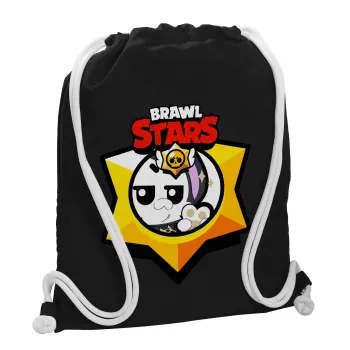 Brawl Stars Kit, Τσάντα πλάτης πουγκί GYMBAG Μαύρη, με τσέπη (40x48cm) & χονδρά λευκά κορδόνια