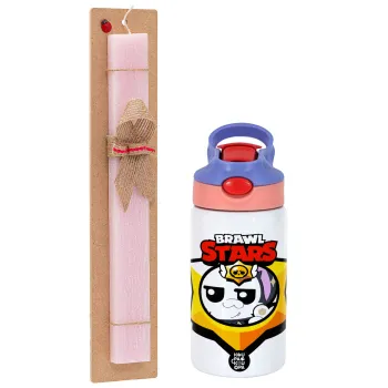 Brawl Stars Kit, Easter Set, Children's thermal stainless steel water bottle with safety straw, pink/purple (350ml) & Easter scented flat candle (30cm) (PINK)