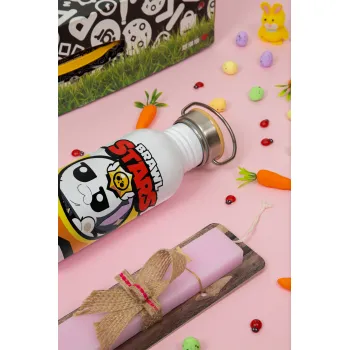 Brawl Stars Kit, Easter Set, SS Metallic water bottle (620ml, stainless steel) & scented flat Easter candle (30cm) (PINK)