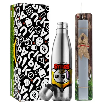 Brawl Stars Kit, Easter Set, metallic stainless thermos flask (500ml) & scented flat Easter candle (30cm) (GRAY)
