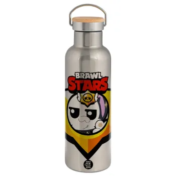 Brawl Stars Kit, Μεταλλικό παγούρι θερμός (Stainless steel) Ασημένιο με ξύλινο καπακι (bamboo), διπλού τοιχώματος, 750ml