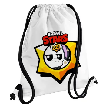 Brawl Stars Kit, Τσάντα πλάτης πουγκί GYMBAG λευκή, με τσέπη (40x48cm) & χονδρά κορδόνια