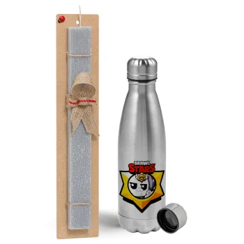 Brawl Stars Kit, Easter Set, metallic Inox water bottle (750ml) & aromatic flat Easter candle (30cm) (GRAY)