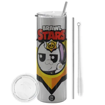 Brawl Stars Kit, Tumbler ποτήρι θερμό Ασημένιο από ανοξείδωτο ατσάλι 600ml, με μεταλλικό καλαμάκι & βούρτσα καθαρισμού