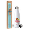 Easter Set, metallic stainless steel water bottle (750ml) & aromatic flat Easter candle (30cm) (TURQUOISE)