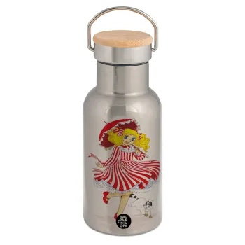 Candy, Stainless steel metallic thermos flask, silver with a bamboo lid, double-walled, 350ml.