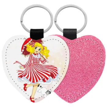 Candy, Μπρελόκ PU δερμάτινο glitter καρδιά ΡΟΖ
