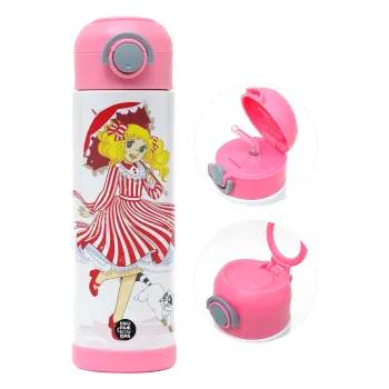 Candy, Children's hot water bottle, stainless steel, with safety straw, PINK (500ml)