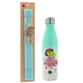 Candy, Easter Set, Metallic green/white thermos (Stainless steel), double-walled, 500ml & scented flat Easter candle (30cm) (TURQUOISE)