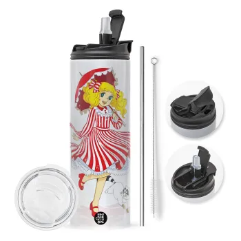 Candy, Travel Tumbler θερμό με διπλό καπάκι, μεταλλικό καλαμάκι και βούρτσα καθαρισμού (Ανωξείδωτο 304 Food grade, BPA free, 600ml)