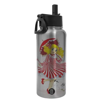 Candy, Μεταλλικό παγούρι θερμός Silver με καλαμάκι και χερούλι (Stainless steel), διπλού τοιχώματος, 950ml