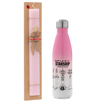 Space X, Easter Set, Metallic pink/white (Stainless steel) thermos, double-walled, 500ml & aromatic flat Easter candle (30cm) (PINK)