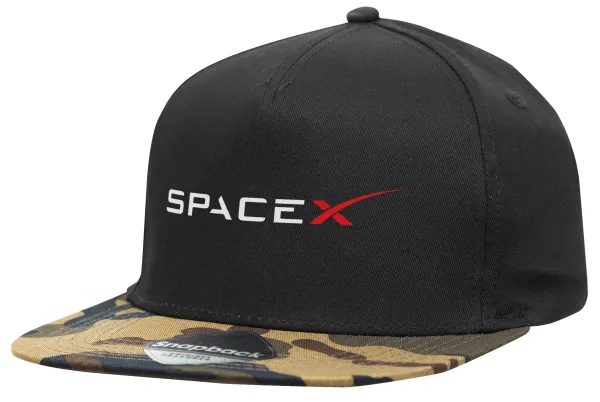 Space X — Adult Flat Snapback Hat Black/Camouflage, (100% COTTON TWILL, ADULT, UNISEX, ONE SIZE)