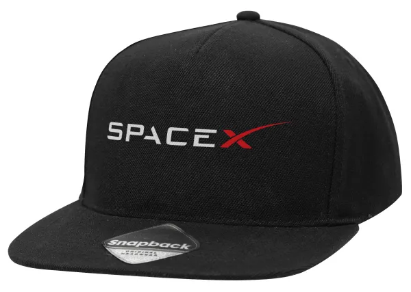 Space X — Adult Flat Snapback Hat Black, (100% COTTON TWILL, ADULT, UNISEX, ONE SIZE)