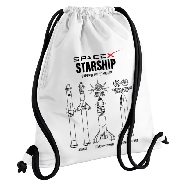 Space X — Τσάντα πλάτης πουγκί GYMBAG λευκή, με τσέπη (40x48cm) & χονδρά κορδόνια