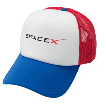 Space X, Adult Soft Trucker Hat with Red/Blue/White Mesh (POLYESTER, ADULT, UNISEX, ONE SIZE)