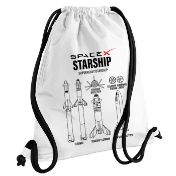 Space X, Τσάντα πλάτης πουγκί GYMBAG λευκή, με τσέπη (40x48cm) & χονδρά κορδόνια