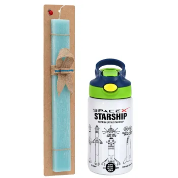 Space X, Easter Set, Children's thermal stainless steel bottle with safety straw, green/blue (350ml) & aromatic flat Easter candle (30cm) (TURQUOISE)
