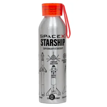 Space X, Αλουμινένιο Αθλητικό Μπουκάλι 650ml – Ασημί με Κόκκινο Καπάκι και Λουράκι Σιλικόνης