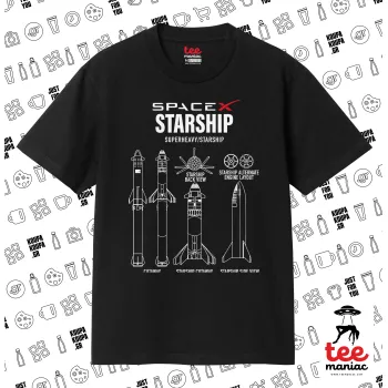 Space X, Κλασικό T-Shirt, διπλής ραφής, χωρίς πλευρικές ραφές ΜΑΥΡΟ από 100% βαμβάκι. Vegan & OEKO-TEX πιστοποιημένο.