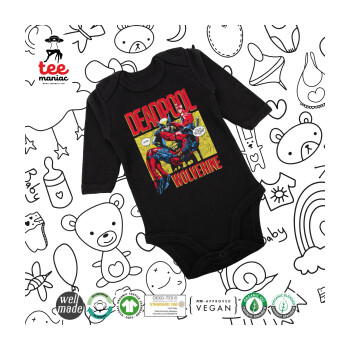 Superhero Deadpool Wolverine, Μακρυμάνικο βρεφικό φορμάκι, 0-18 μηνών, ΜΑΥΡΟ, 100% Organic Cotton