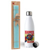 Easter Set, metallic stainless steel water bottle (750ml) & aromatic flat Easter candle (30cm) (TURQUOISE)
