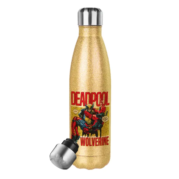 Superhero Deadpool Wolverine — Glitter gold stainless steel thermos bottle, double-walled, 500ml