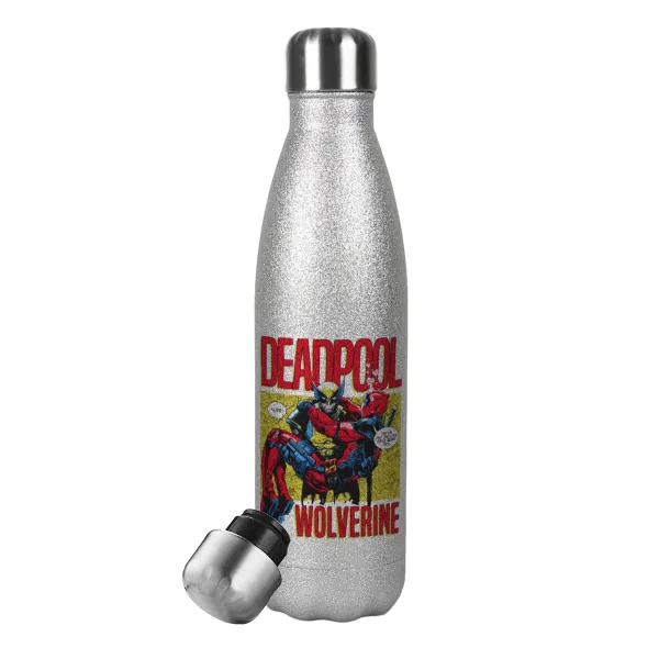 Superhero Deadpool Wolverine — Metallic Glitter Silver Thermos Flask (Stainless steel), double-walled, 500ml