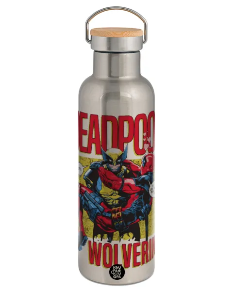 Superhero Deadpool Wolverine — Stainless steel Silver with wooden lid (bamboo), double wall, 750ml