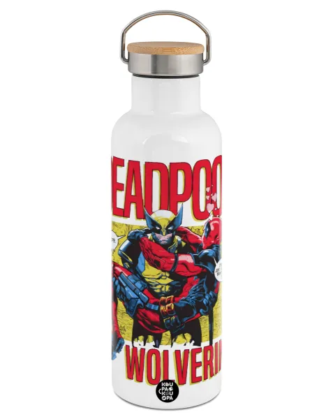 Superhero Deadpool Wolverine — Stainless steel White with wooden lid (bamboo), double wall, 750ml