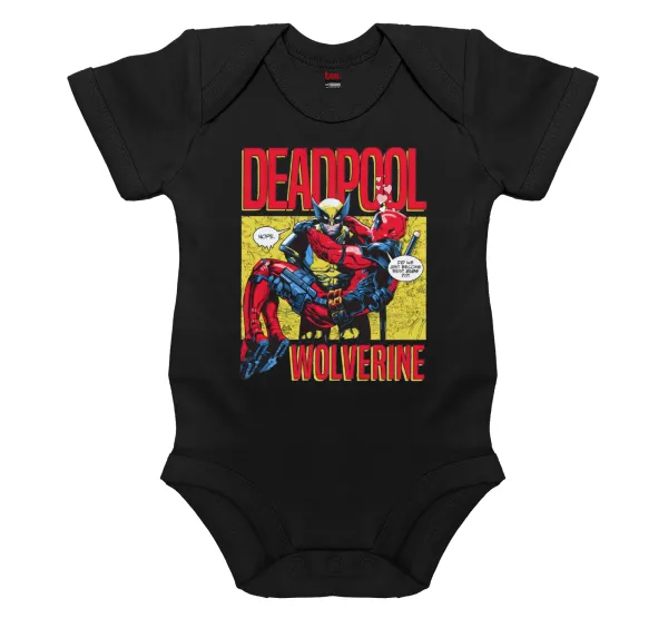 Superhero Deadpool Wolverine — Βρεφικό φορμάκι μωρού, 0-18 μηνών, ΜΑΥΡΟ, 100% Organic Cotton, κοντομάνικο