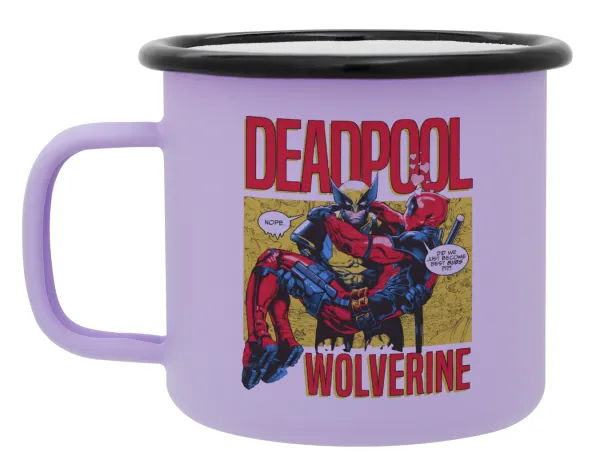 Superhero Deadpool Wolverine — Metal enamel mug, matte light pastel purple, 360ml