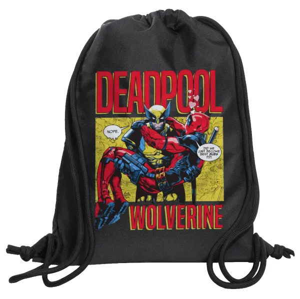 Superhero Deadpool Wolverine — Τσάντα πλάτης πουγκί GYMBAG Μαύρη, με τσέπη (40x48cm) & χονδρά κορδόνια