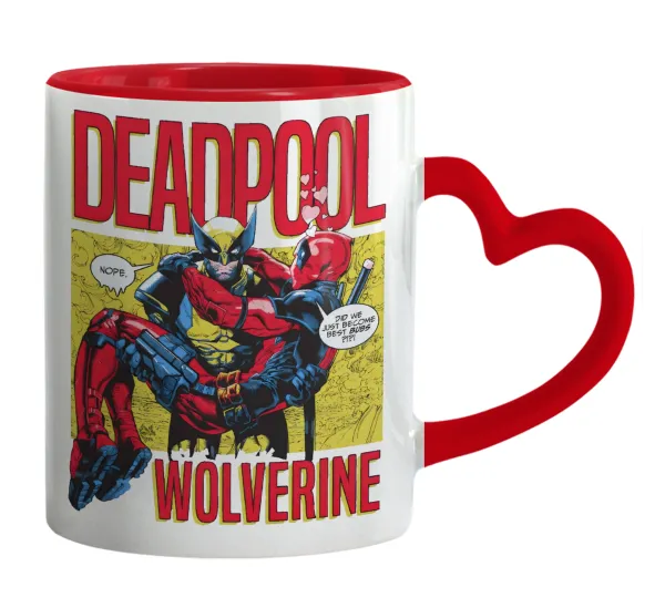 Superhero Deadpool Wolverine — Mug heart red handle, ceramic, 330ml