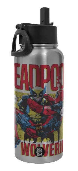 Superhero Deadpool Wolverine — Metal mug thermo Silver with Straw and Spout Lid (Stainless steel), double wall, 950ml