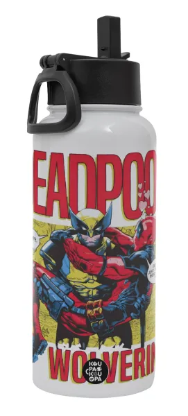 Superhero Deadpool Wolverine — Metal mug thermo White with Straw and Spout Lid (Stainless steel), double wall, 950ml