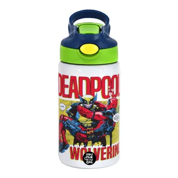 Superhero Deadpool Wolverine, Children's hot water bottle, stainless steel, with safety straw, green, blue (350ml)
