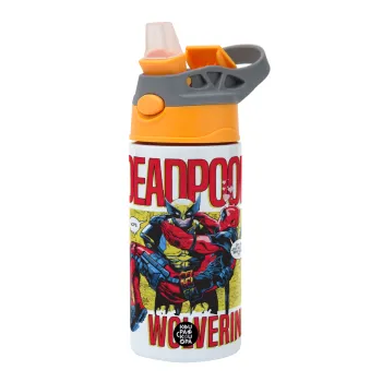 Superhero Deadpool Wolverine, Children's hot water bottle, stainless steel, with safety straw, Orange/Grey (360ml) BPA-FREE