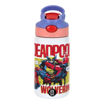 Superhero Deadpool Wolverine, Παιδικό παγούρι θερμό, ανοξείδωτο, με καλαμάκι ασφαλείας, ροζ/μωβ (350ml)