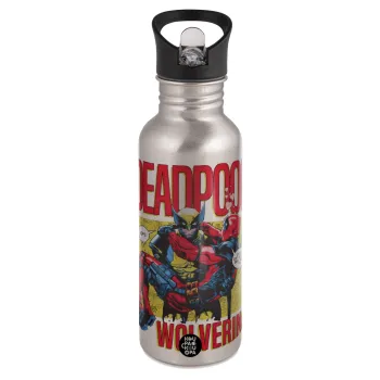Superhero Deadpool Wolverine, Water bottle Silver with straw, stainless steel 600ml