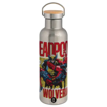 Superhero Deadpool Wolverine, Μεταλλικό παγούρι θερμός (Stainless steel) Ασημένιο με ξύλινο καπακι (bamboo), διπλού τοιχώματος, 750ml